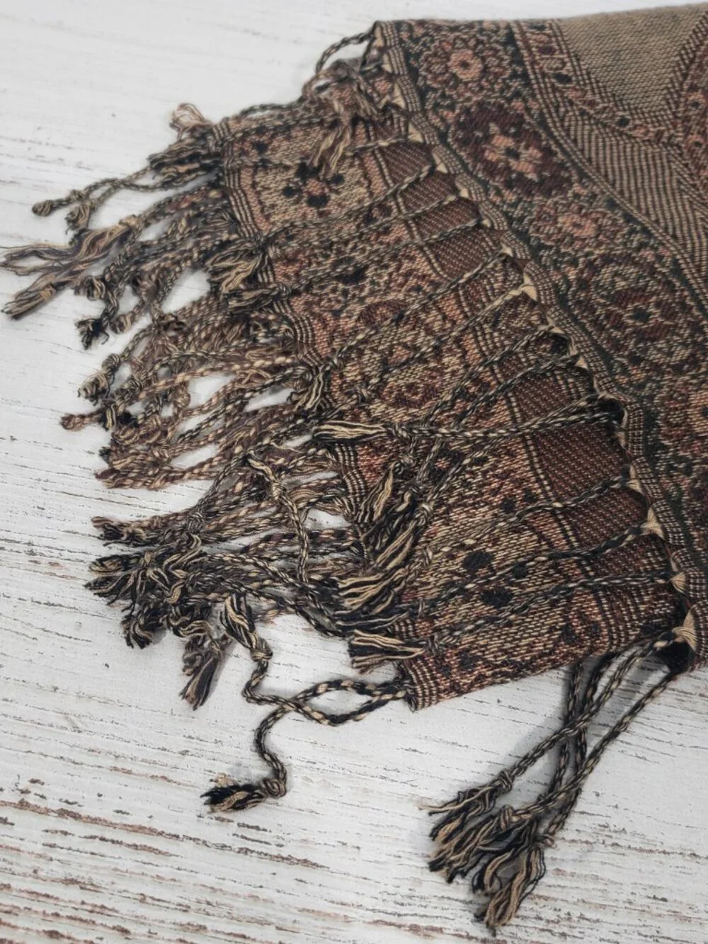 Brown Scarf with medallion & fringe Boho
